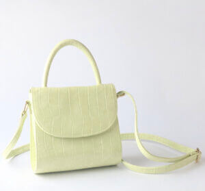 白色背景上的小綠色鱷魚浮雕包。