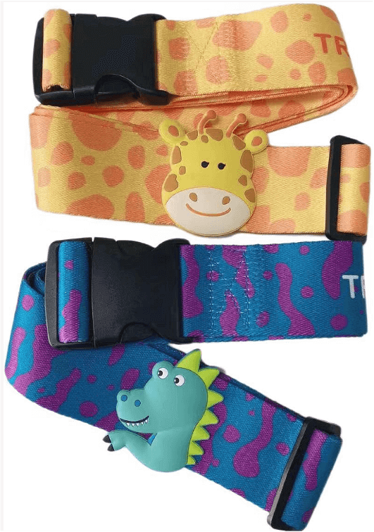 三個行李帶，上面有長頸鹿和恐龍。