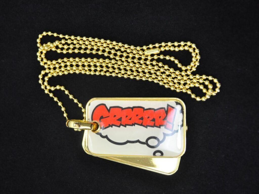 金色的狗牌,上面寫著「groovy」。