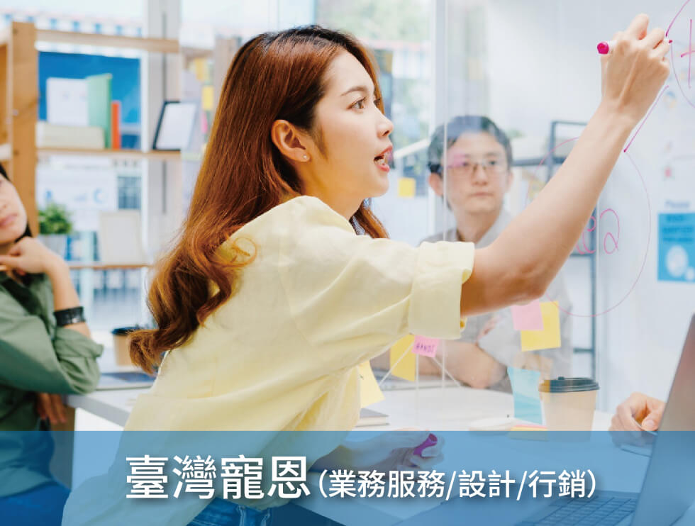 一位女士在會議中在透明板上寫字,兩位同事在旁觀看。中文文字為:「台灣龍恩 (業務服務/設計/行銷)」,意思是「台灣龍恩 (業務服務/設計/行銷)」。.